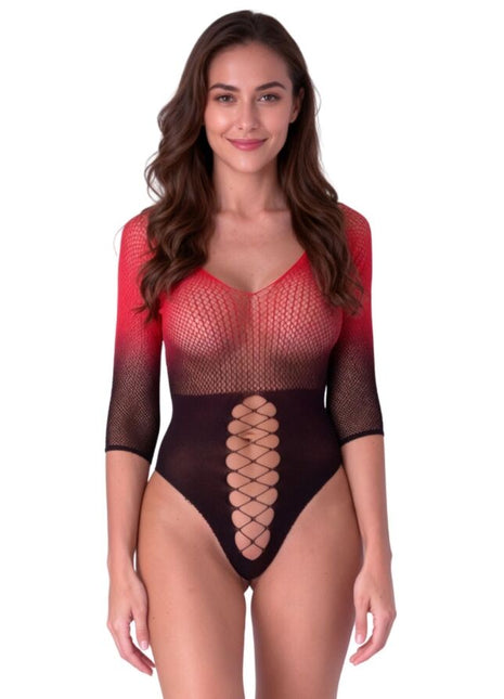Rotschwarzer mesh-bodystocking passion bs118 mit spitzenfront und schnürdetail vorne