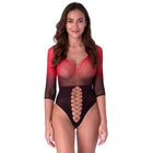 Rotschwarzer mesh-bodystocking passion bs118 mit spitzenfront und schnürdetail vorne