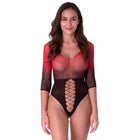 Rotschwarzer mesh-bodystocking passion bs118 mit spitzenfront und schnürdetail vorne