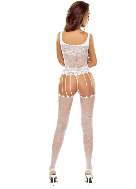 Weißer blumen-bodystocking passion bs119 aus spitzenmesh mit cutout-design, frontansicht