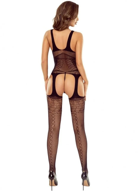 Schwarzer offener Bodystocking passion bs122 aus mesh mit feiner spitze und cut-out design