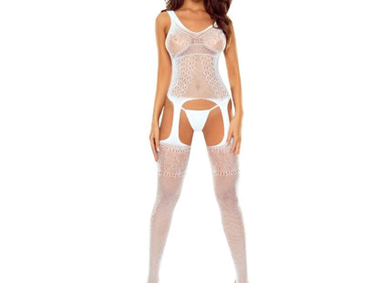 Weißer mesh bodystocking passion bs122 mit transparenter spitze und unterstützendem unterbrustdesign