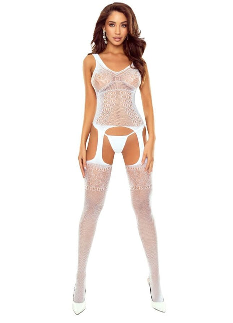 Weißer mesh bodystocking passion bs122 mit transparenter spitze und unterstützendem unterbrustdesign