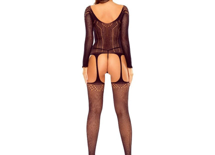 Schwarzer mesh-bodystocking passion bs125 mit sheer langen ärmeln und rückenfreiem design mit ziernähten