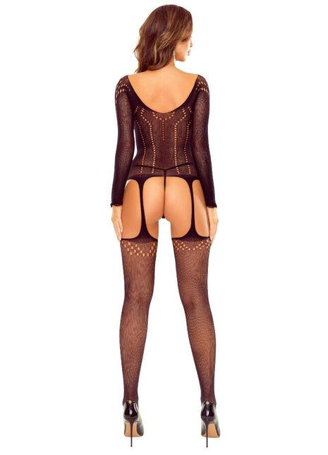 Schwarzer mesh-bodystocking passion bs125 mit sheer langen ärmeln und rückenfreiem design mit ziernähten