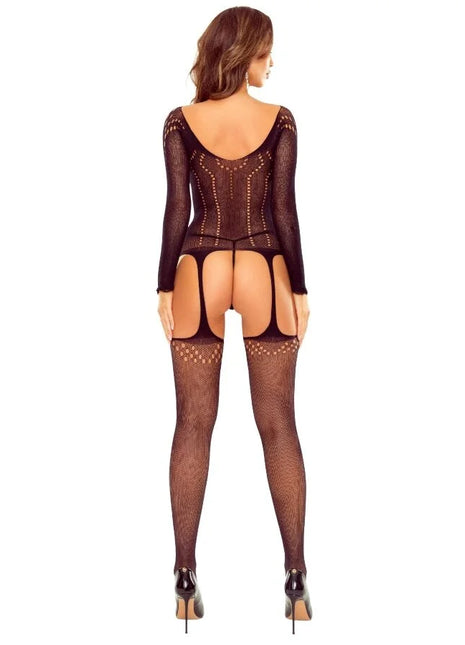 Schwarzer mesh-bodystocking passion bs125 mit sheer langen ärmeln und rückenfreiem design mit ziernähten
