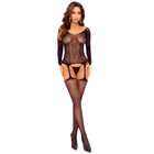 Schwarzer mesh-bodystocking passion bs125 mit langärmeligen fishnet und oberschenkelhohen strümpfen