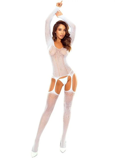 Weißer mesh-bodystocking passion bs125 mit durchsichtigen einsätzen und spitzenbesatz und oberschenkel-ausschnitten