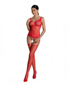 Roter bodystocking passion eco collection mit spitzenbesatz und transparenten mesh-einsätzen mit passenden roten strümpfen