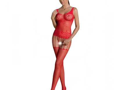 Roter bodystocking passion eco collection mit spitzenbesatz und transparenten mesh-einsätzen mit passenden roten strümpfen