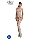 Weißer transparenter mesh-bodysuit mit filigraner spitzenverzierung und cut-out-design aus der passion eco collection