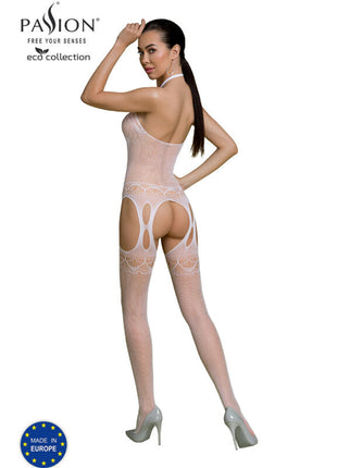 Sheer pink mesh bodysuit with lace detailing and cutout design from passion eco collection model bodystocking eco bs006