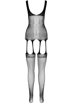 Schwarzer mesh bodystocking passion eco collection mit spitzensaum an den beinöffnungen und transparentem design