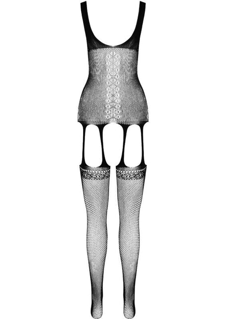 Schwarzer mesh bodystocking passion eco collection mit spitzensaum an den beinöffnungen und transparentem design