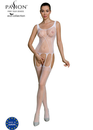 Weißer transparenter mesh-bodystocking mit spitzenmuster und stützenden trägern aus der passion eco collection