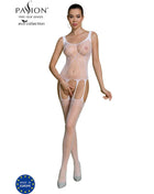 Weißer transparenter mesh-bodystocking mit spitzenmuster und stützenden trägern aus der passion eco collection