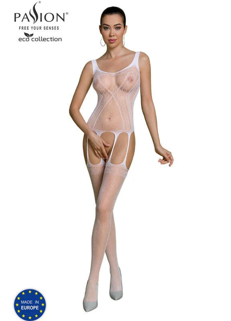 Weißer transparenter mesh-bodystocking mit spitzenmuster und stützenden trägern aus der passion eco collection