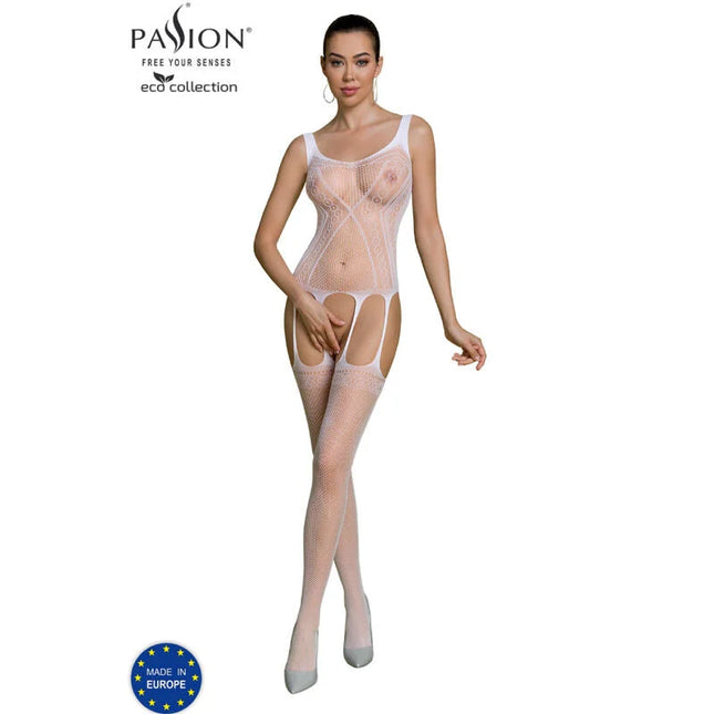 Weißer transparenter mesh-bodystocking mit spitzenmuster und stützenden trägern aus der passion eco collection