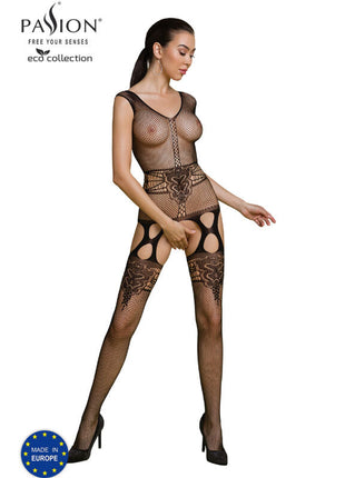 Schwarzer mesh bodystocking mit aufwändigen spitzendetails und cut-outs aus der passion eco collection
