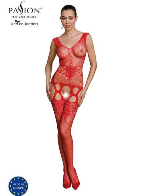 Roter lace bodystocking aus der passion eco collection mit filigranen cut-out mustern und transparentem mesh-design