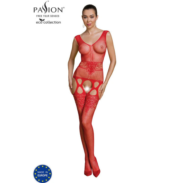 Roter lace bodystocking aus der passion eco collection mit filigranen cut-out mustern und transparentem mesh-design