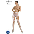 Transparente weiße spitzen oberschenkelstrümpfe mit geometrischen cutout mustern aus der passion eco kollektion