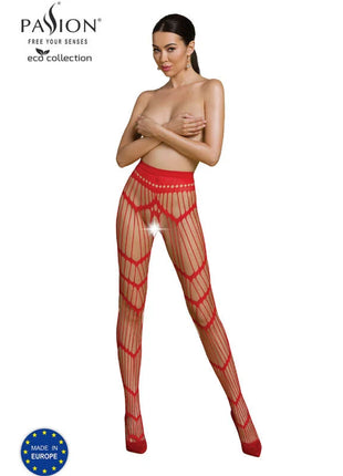 Rote Netz-Strumpfhose mit auffälligen geometrischen Mustern und roten Zehenkappen aus der Passion Eco Collection