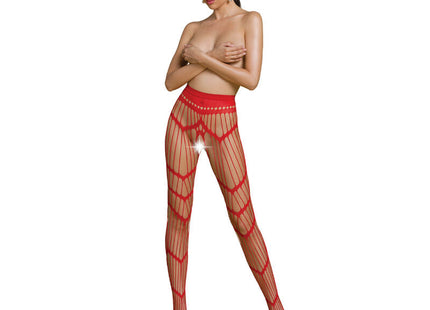 Rote Netz-Strumpfhose mit auffälligen geometrischen Mustern und roten Zehenkappen aus der Passion Eco Collection