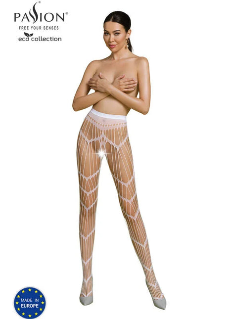 Weiße mesh fischernetzhose mit geometrischem muster und transparentem materiale aus der passion eco collection