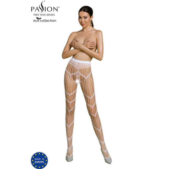 Weiße mesh fischernetzhose mit geometrischem muster und transparentem materiale aus der passion eco collection