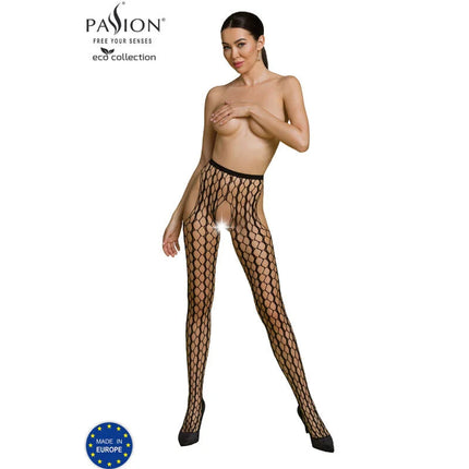 Schwarze fishnet pantyhose mit schwarzem bund und passenden hohen absätzen aus der passion eco collection