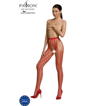 Roter mesh bodystocking aus der passion eco collection mit hohem bund und fischernetzmuster