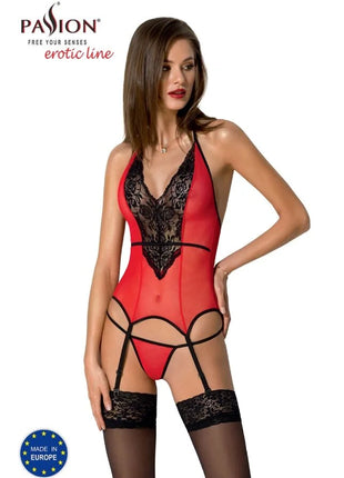Roter und schwarzer spitzenbody mit transparenten mesh-panels halter-ausschnitt und strapshaltern im passion peonia korsett erotik stil s/m