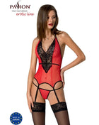 Roter und schwarzer spitzenbodysuit mit transparenten mesh-einsätzen, halterkragen und strapshaltern in s/m