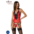 Roter und schwarzer spitzenbodysuit mit transparenten mesh-einsätzen, halterkragen und strapshaltern in s/m