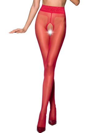 Rote sheer strumpfhose mit spitzenbund und offenem rückendesign aus 20 den für passion tiopen 001 schwarze strumpfhose