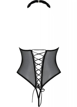 Schwarzer sheer mesh corset mit geschnürtem vorne und passendem halsband aus dem modell passion trisha offen schwarz s/m