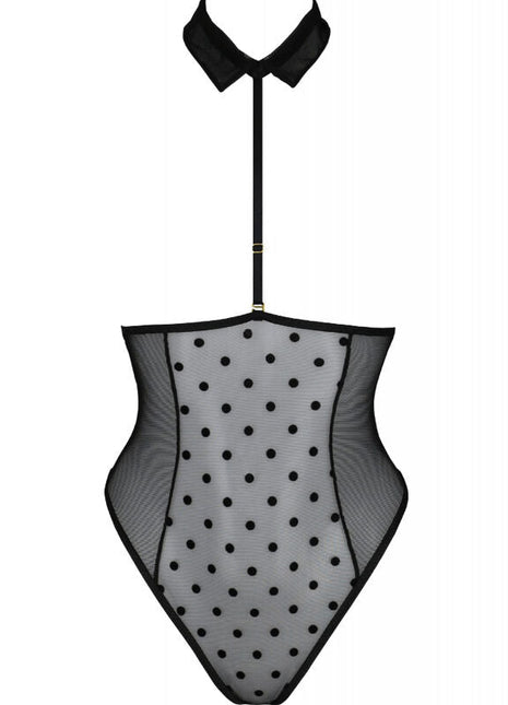 Schwarzer mesh-body passion trisha mit grauen punkten und kragen aus transparentem material