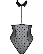 Schwarzer mesh-body passion trisha mit grauen punkten und kragen aus transparentem material