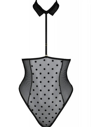 Schwarzer mesh-body passion trisha mit grauen punkten und kragen aus transparentem material
