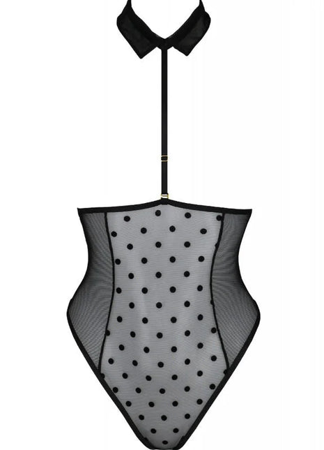 Schwarzer mesh-body passion trisha mit grauen punkten und kragen aus transparentem material