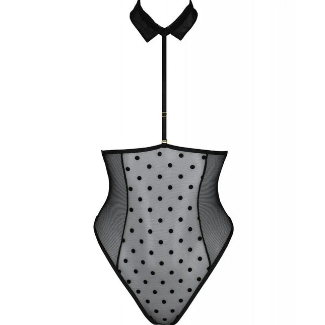 Schwarzer mesh-body passion trisha mit grauen punkten und kragen aus transparentem material