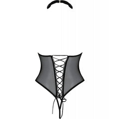 Schwarzer sheer mesh corset mit geschnürtem vorne und passendem halsband aus dem modell passion trisha offen schwarz s/m