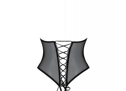 Schwarzer sheer mesh corset mit geschnürtem vorne und passendem halsband aus dem modell passion trisha offen schwarz s/m