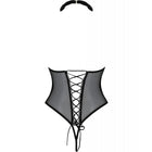 Schwarzer sheer mesh corset mit geschnürtem vorne und passendem halsband aus dem modell passion trisha offen schwarz s/m
