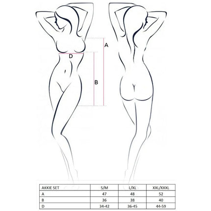 Die akkie set größentabelle zeigt zwei weibliche umrisse mit messungen a, b und d für das passion woman akkie set krankenschwesterkostüm s/m