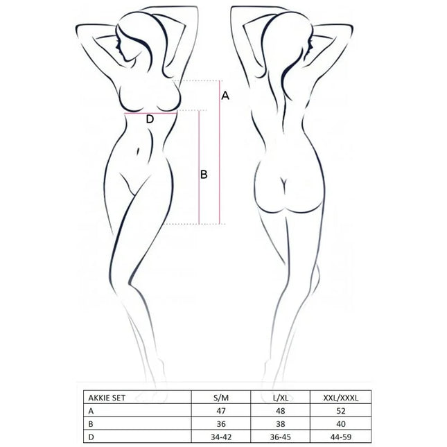 Die akkie set größentabelle zeigt zwei weibliche umrisse mit messungen a, b und d für das passion woman akkie set krankenschwesterkostüm s/m