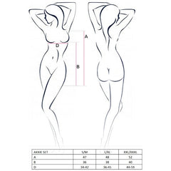 Die akkie set größentabelle zeigt zwei weibliche umrisse mit messungen a, b und d für das passion woman akkie set krankenschwesterkostüm s/m