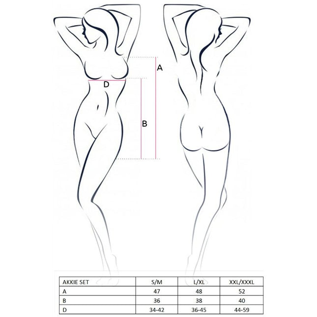 Die akkie set größentabelle zeigt zwei weibliche umrisse mit messungen a, b und d für das passion woman akkie set krankenschwesterkostüm s/m
