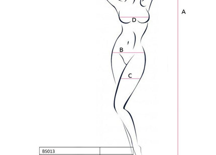 Minimalistisches schwarzes linienbild einer frauensilhouette mit messpunkten a b c d für die größe des passion woman bodystockings